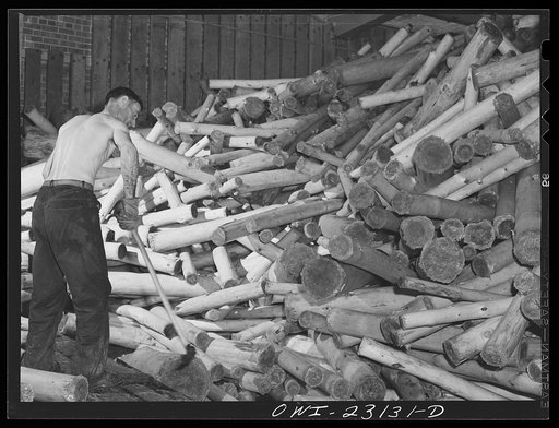 Lufkin, Texas. Southland paper mill. Moving logs onto a conveyor belt which carries them to grinders, where they are made into ground wood