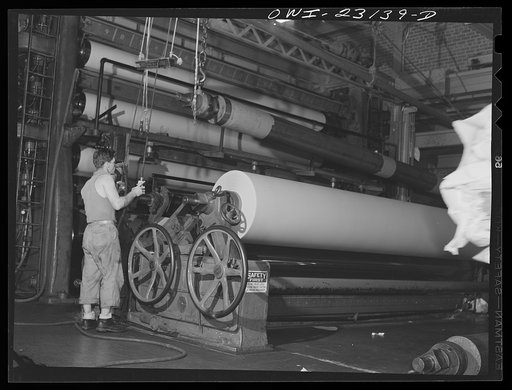 Lufkin, Texas. Southland paper mill. Newsprint rolling up at the dry end of a paper machine