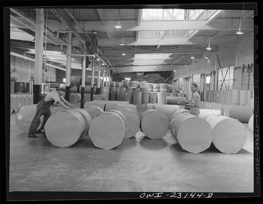 Lufkin, Texas. Southland paper mill. Rolls of newsprint in the shipping room ready to be sent to customers