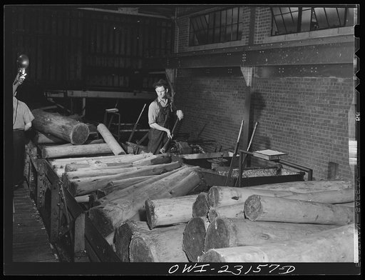 Lufkin, Texas. Southland paper mill. Logs on conveyor belt going into grinding machines where they are made into ground wood