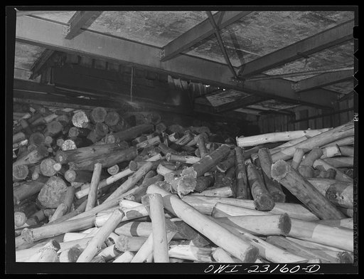 Untitled photo, possibly related to: Lufkin, Texas. Southland paper mill. Moving logs onto a conveyor belt which carries them to grinders, where they are made into ground wood