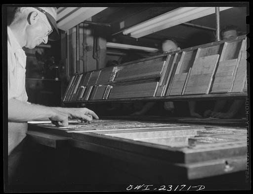 Untitled photo, possibly related to: Dallas, Texas. Linotype machine operators on the Dallas Morning news