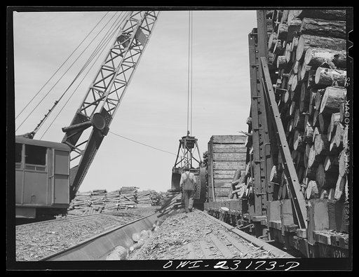 Untitled photo, possibly related to: Lufkin, Texas. Southland paper mill. Crane unloading flat car of pulpwood in the wood yard