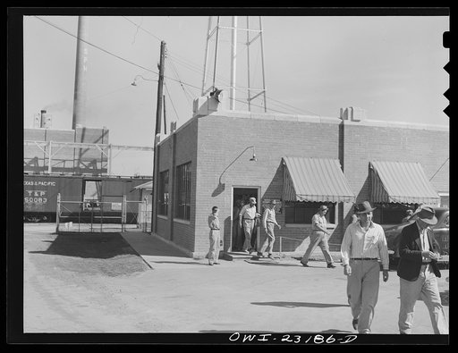 Untitled photo, possibly related to: Lufkin, Texas. Southland paper mill. Employees checking out at the time office