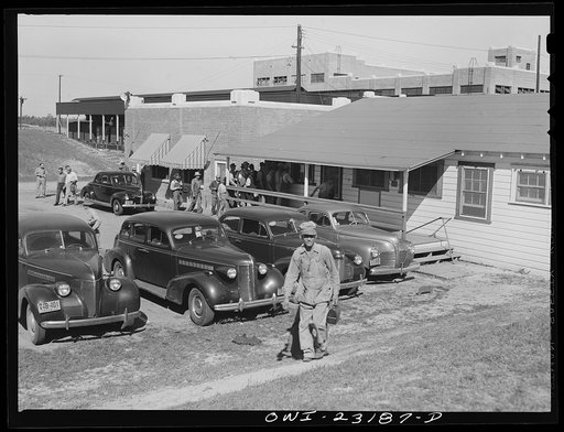 Untitled photo, possibly related to: Lufkin, Texas. Southland paper mill. Paper workers leaving the plant