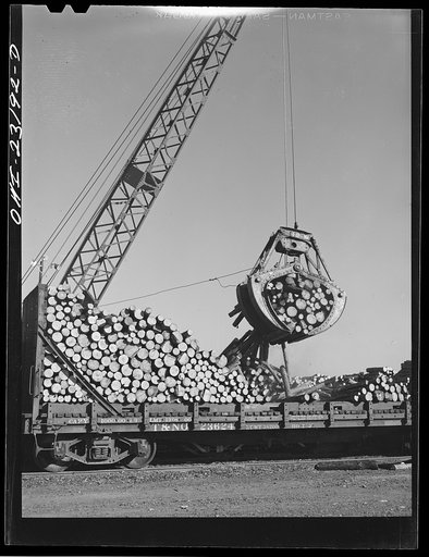 Lufkin, Texas. Southland paper mill. Crane unloading flat car of pulpwood in the wood yard