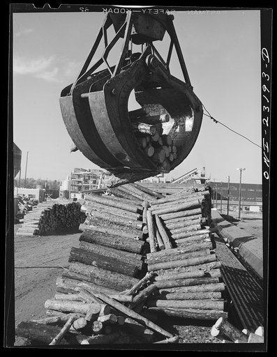 Lufkin, Texas. Southland paper mill. Crane unloading flat car of pulpwood in the wood yard