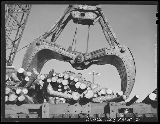 Lufkin, Texas. Southland paper mill. Crane unloading a flat car of pulpwood in the wood yard