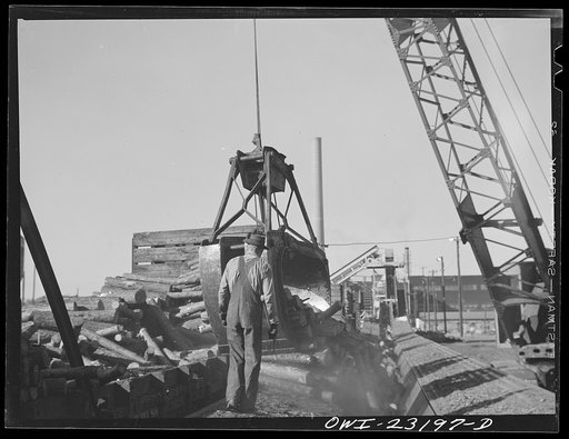 Untitled photo, possibly related to: Lufkin, Texas. Southland paper mill. Crane unloading flat car of pulpwood in the wood yard