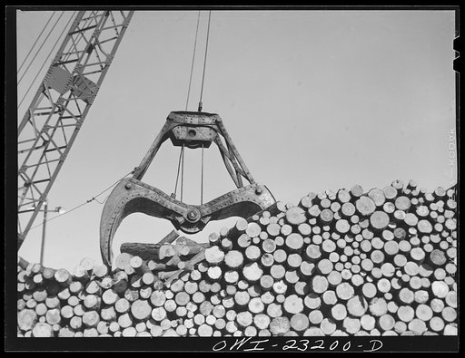 Lufkin, Texas. Southland paper mill. Crane unloading a flat car of pulpwood in the wood yard