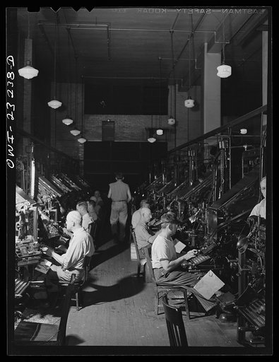 Untitled photo, possibly related to: Dallas, Texas. Linotype operators at the Dallas Morning News
