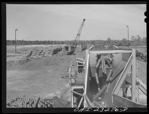 Lufkin, Texas. Southland paper mill. Logs in the wood yard going on conveyor belts to barking machines