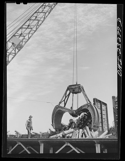 Lufkin, Texas. Southland paper mill. Crane unloading flat car of pulpwood in the wood yard