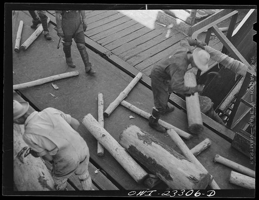 Untitled photo, possibly related to: Lufkin, Texas. Southland paper mill. Logs coming out of the barking machine. Those not barked clean through are sent up the conveyor at the left to go through the machine again