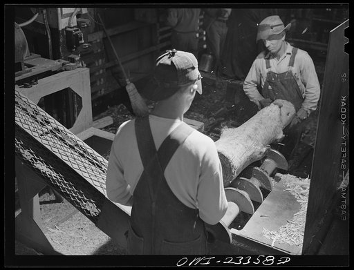 Untitled photo, possibly related to: Lufkin, Texas. Southland paper mill. Log on the knotting machine. After the bark has been removed, knots are cut out of pulp logs which reduces the pitch content of the pulp