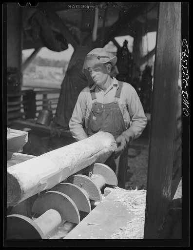 Lufkin, Texas. Southland paper mill. Log on the knotting machine. After the bark has been removed, knots are cut out of pulp logs which reduces the pitch content of the pulp