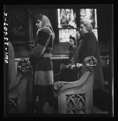 Untitled photo, possibly related to: Buffalo, New York. Women factory workers attending mass at nine a.m. Sunday directly after working the third shift. They are wearing slacks