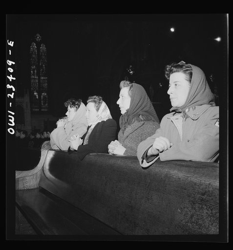 Buffalo, New York. Women factory workers attending mass at nine a.m. Sunday directly after working the third shift. They are wearing slacks