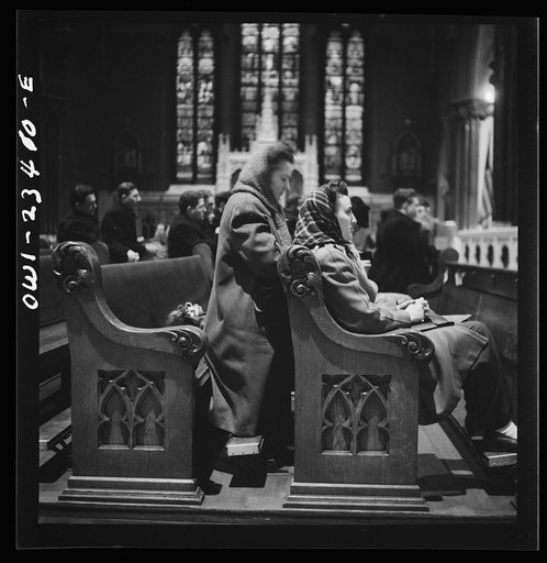 Untitled photo, possibly related to: Buffalo, New York. Women factory workers attending mass at nine a.m. Sunday directly after working the third shift. They are wearing slacks