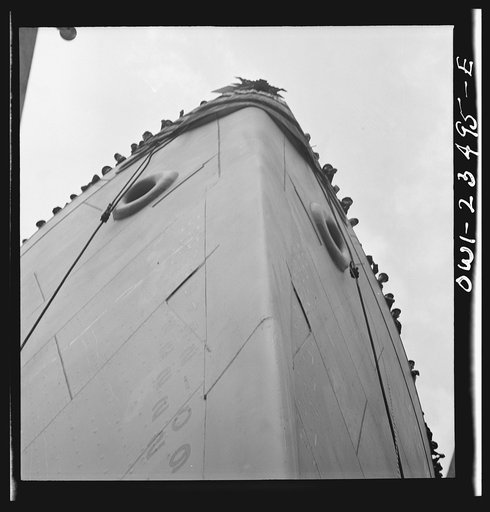 Bethlehem-Fairfield shipyards, Baltimore, Maryland. The stem of a vessel just before the launching ceremony
