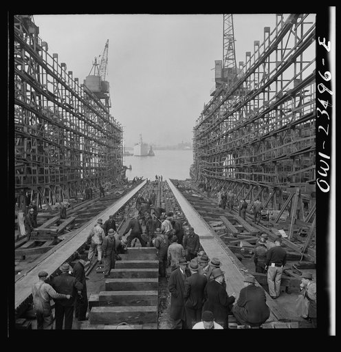 Bethlehem-Fairfield shipyards, Baltimore, Maryland. The stem of a vessel just after the launching ceremony