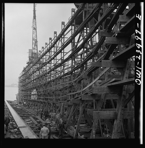 Bethlehem-Fairfield shipyards, Baltimore, Maryland. The stem of a vessel just after the launching ceremony