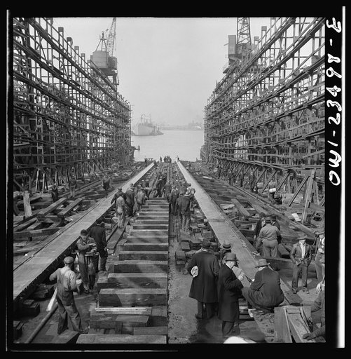 Bethlehem-Fairfield shipyards, Baltimore, Maryland. The stem of a vessel just after the launching ceremony