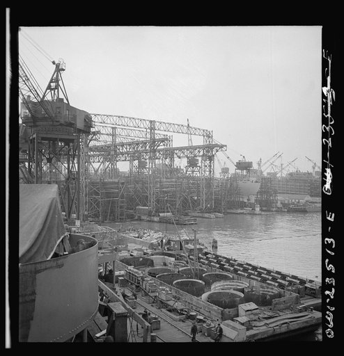 Bethlehem-Fairfield shipyards, Baltimore, Maryland. Looking aft on deck from a Liberty ship