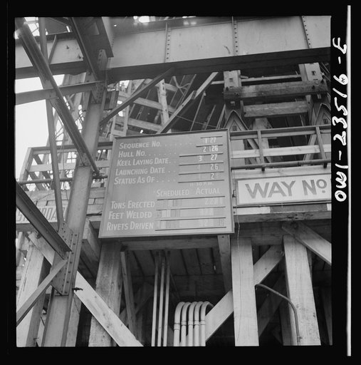 Bethlehem-Fairfield shipyards, Baltimore, Maryland. Vital statistic of a ship on the ways