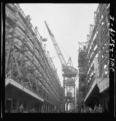 Bethlehem-Fairfield shipyards, Baltimore, Maryland. General view between the ways