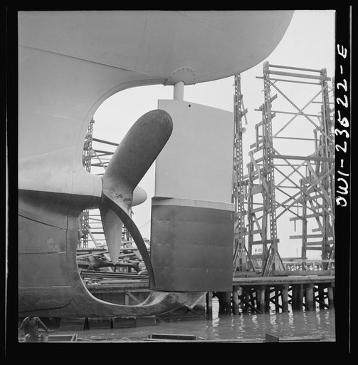 Bethlehem-Fairfield shipyards, Baltimore, Maryland. Propeller and rudder just before a launching