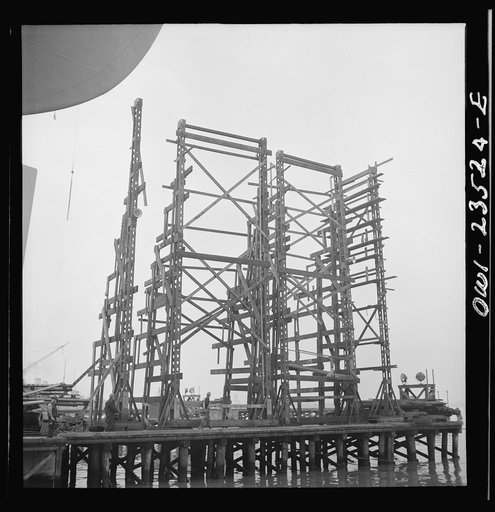 Bethlehem-Fairfield shipyards, Baltimore, Maryland. Staging which has been removed from a ship preparatory to a launching