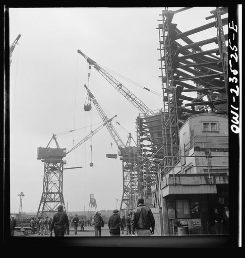 Bethlehem-Fairfield shipyards, Baltimore, Maryland. General view of a yard at the head of the ways