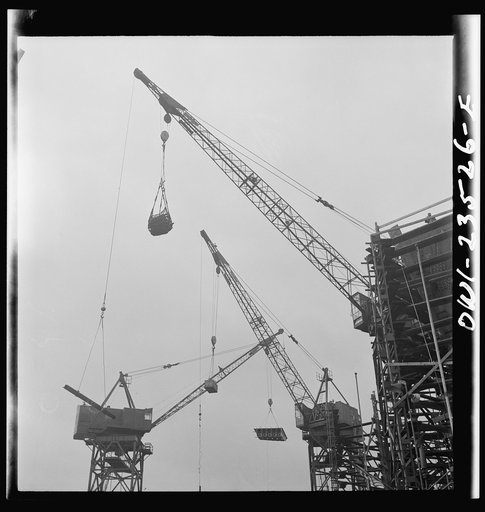 Bethlehem-Fairfield shipyards, Baltimore, Maryland. Tower cranes at the head of the ways