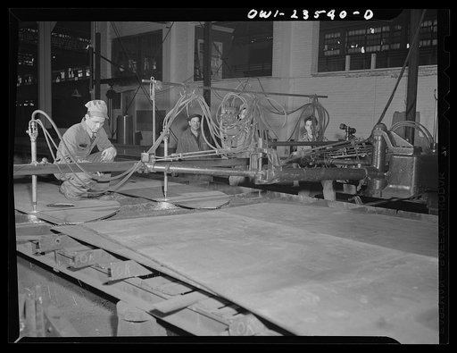 Bethlehem-Fairfield shipyards, Baltimore, Maryland. Using a pantograph to burn innerbottom floor plates