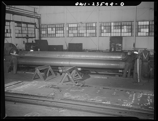Bethlehem-Fairfield shipyards, Baltimore, Maryland. Rolling shell plates