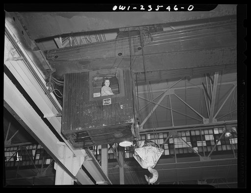 Bethlehem-Fairfield shipyards, Baltimore, Maryland. A woman operating a crane