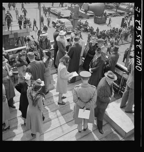 Bethlehem-Fairfield shipyards, Baltimore, Maryland. General view of the participants on the platform before a launching ceremony