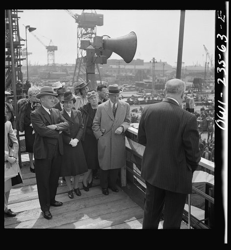 Bethlehem-Fairfield shipyards, Baltimore, Maryland. Mr. J.M. Willis, vice-president and general manager, on the platform before a launching ceremony