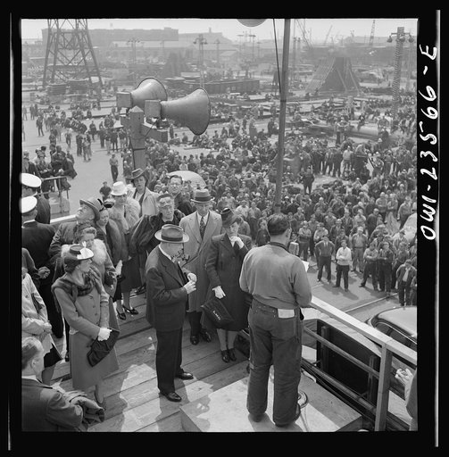 Bethlehem-Fairfield shipyards, Baltimore, Maryland. Union leader making an address at a launching ceremony