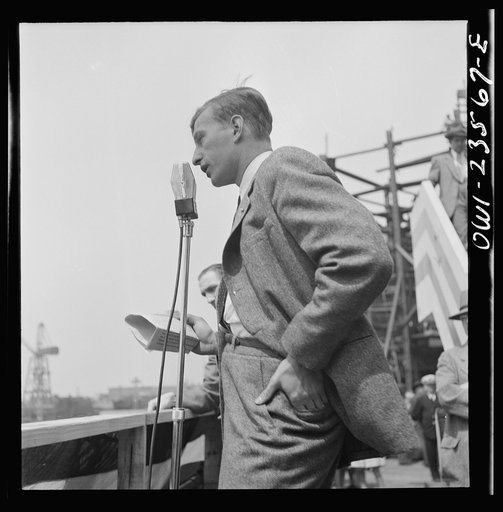 Bethlehem-Fairfield shipyards, Baltimore, Maryland. Guest speaker, a merchant seaman, at a launching ceremony