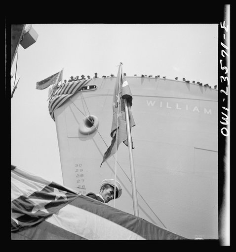 Bethlehem-Fairfield shipyards, Baltimore, Maryland. Bow of a vessel just before a launching party