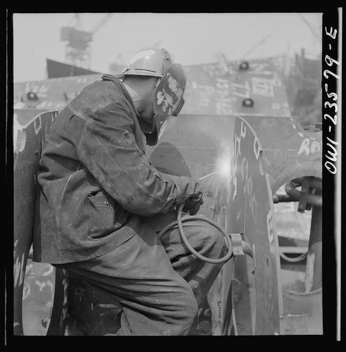 Bethlehem-Fairfield shipyards, Baltimore, Maryland. Welding the floor to a vertical keel