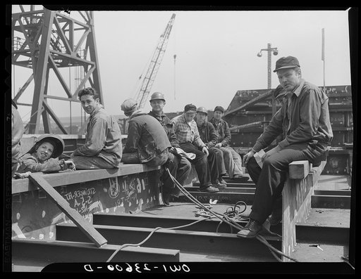 Bethlehem-Fairfield shipyards, Baltimore, Maryland. Eating lunch on a sub-assembled unit