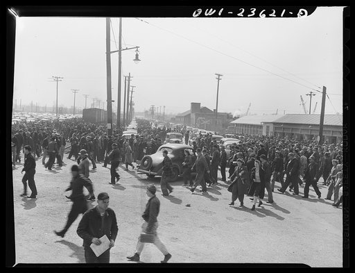 Bethlehem-Fairfield shipyards, Baltimore, Maryland. Workers changing shifts