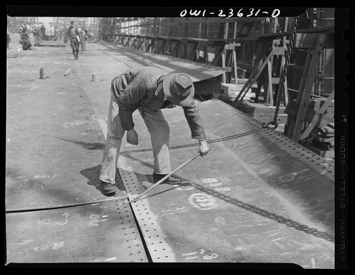 Bethlehem-Fairfield shipyards, Baltimore, Maryland. Erecting a bottom shell plating