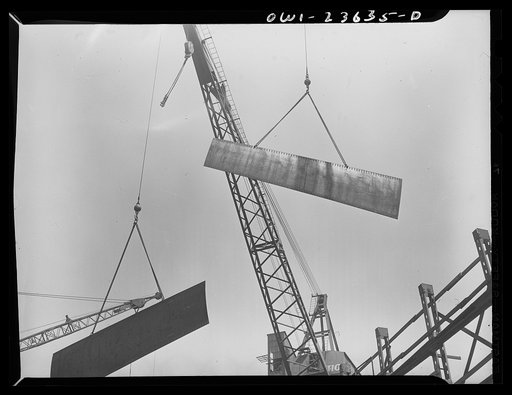 Bethlehem-Fairfield shipyards, Baltimore, Maryland. Erecting bottom shell plating