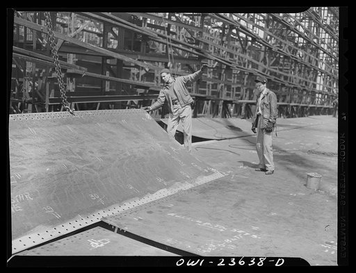 Bethlehem-Fairfield shipyards, Baltimore, Maryland. Erecting bottom shell plating