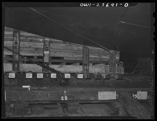 Bethlehem-Fairfield shipyards, Baltimore, Maryland. Launching poppet