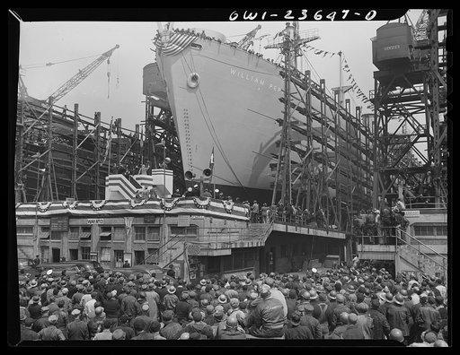 Bethlehem-Fairfield shipyards, Baltimore, Maryland. Launching ceremony
